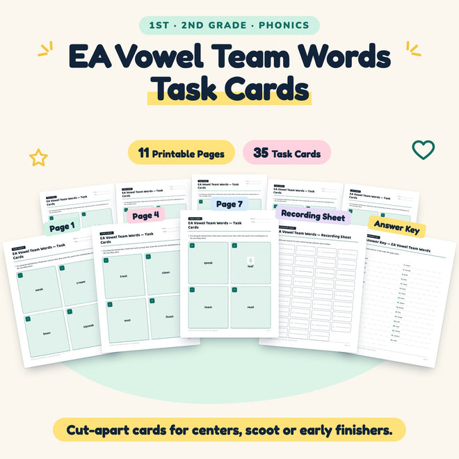 EA Vowel Team Words Task Cards | 1st–2nd Grade (10 Cards) — cover