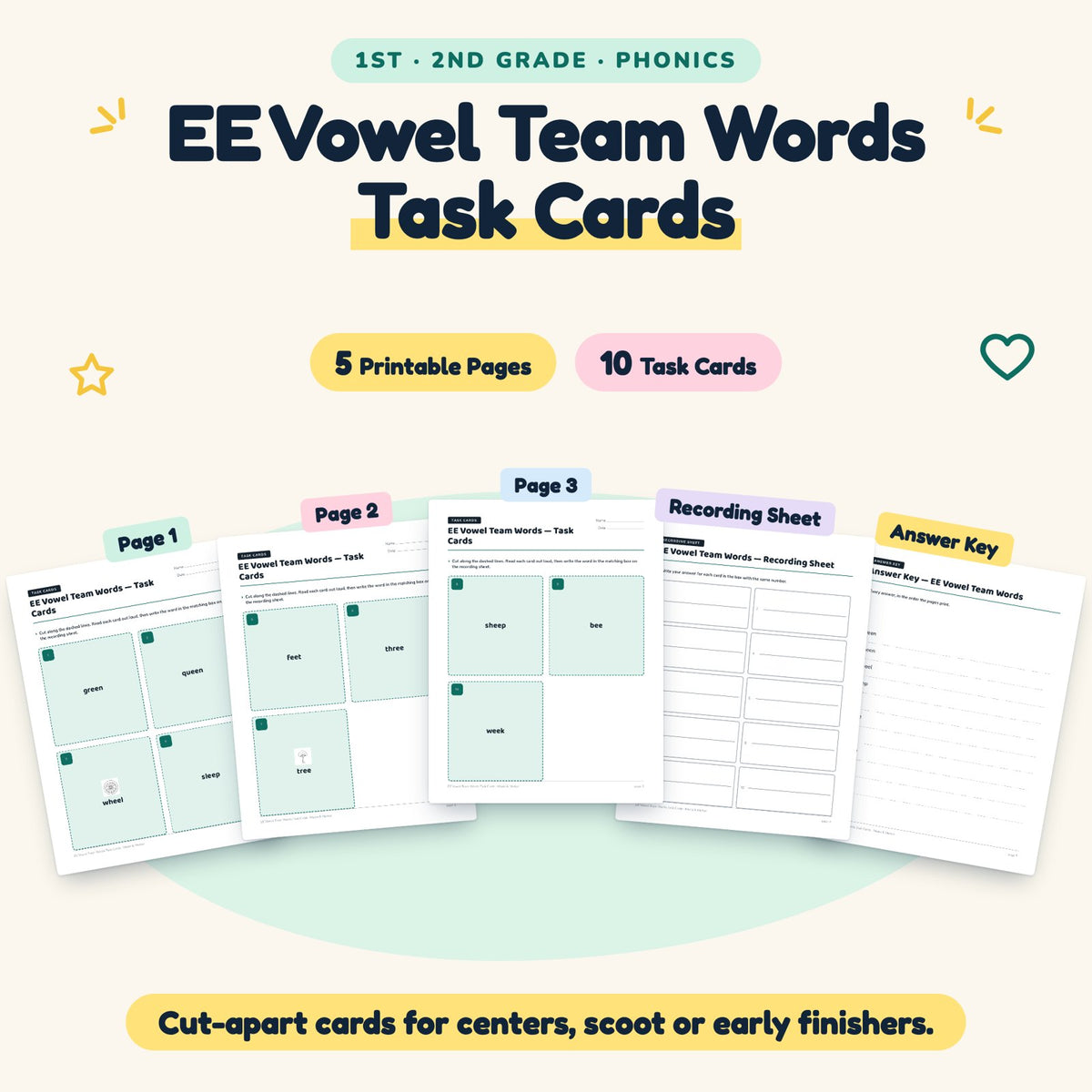 10 EE Vowel Team Words Task Cards — cover