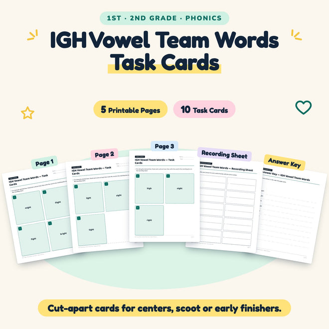 10 IGH Vowel Team Words Task Cards — cover