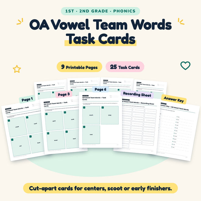 OA Vowel Team Words Task Cards | 1st–2nd Grade (10 Cards) — cover
