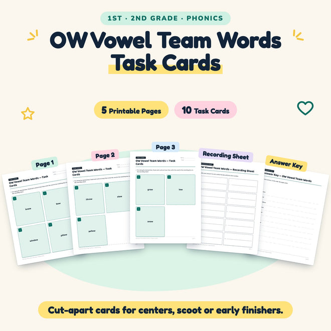 10 OW Vowel Team Words Task Cards — cover