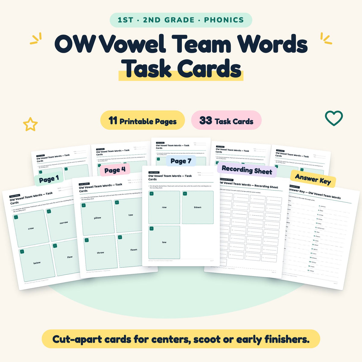 OW Vowel Team Words Task Cards | 1st–2nd Grade (10 Cards) — cover
