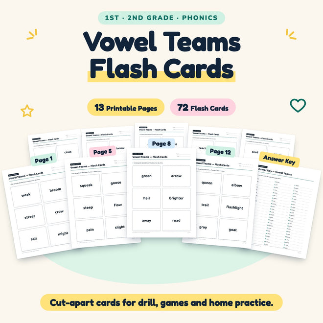 Vowel Teams Flash Cards | 1st–2nd Grade Phonics (72 Cards) — cover