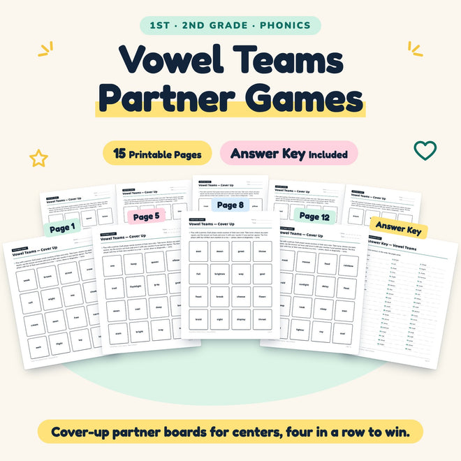 Vowel Teams Partner Games | 1st–2nd Grade Phonics (7 Pages) — cover