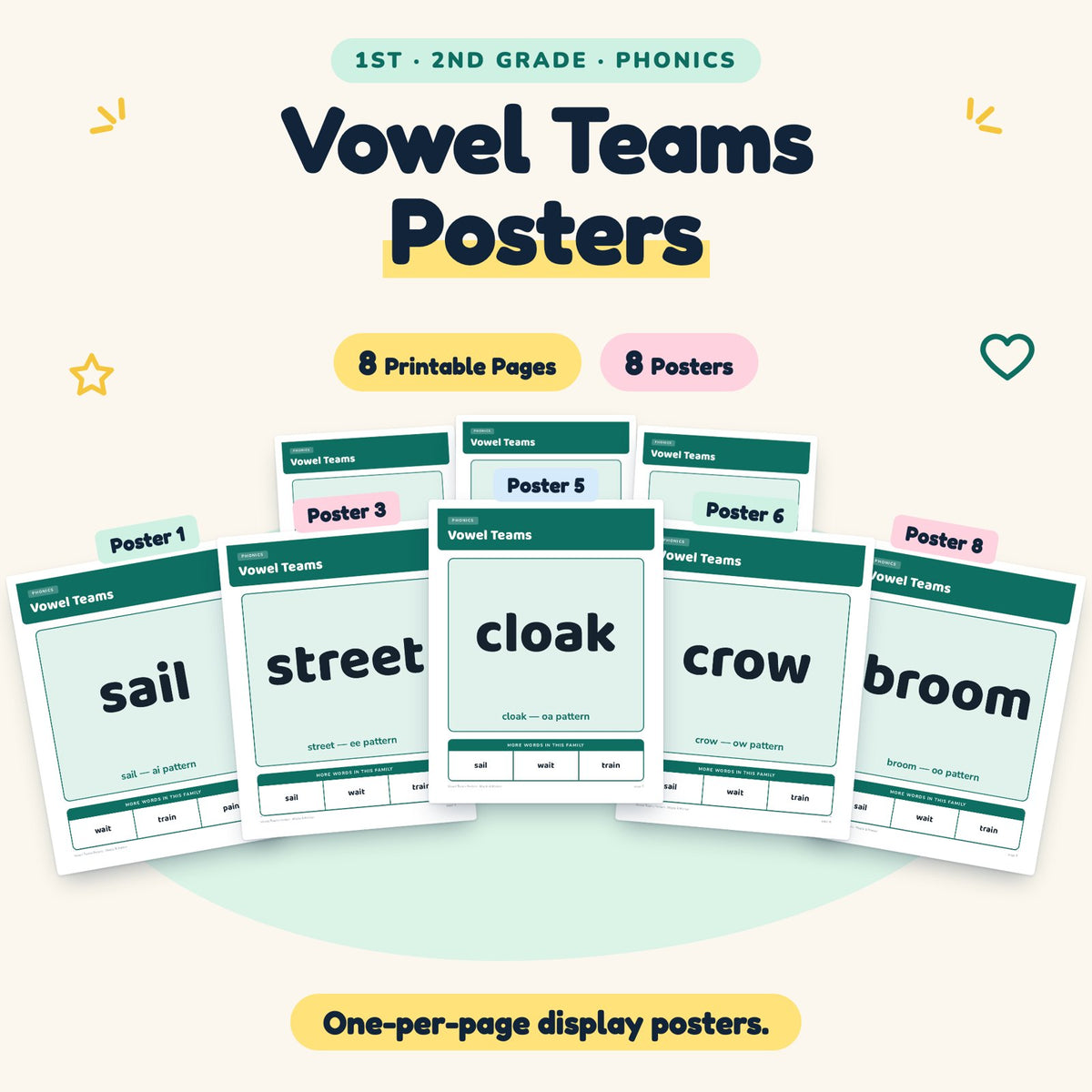 Vowel Teams Posters | 1st–2nd Grade Phonics (8 Posters) — cover