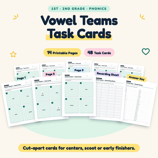 48 Vowel Teams Task Cards — cover