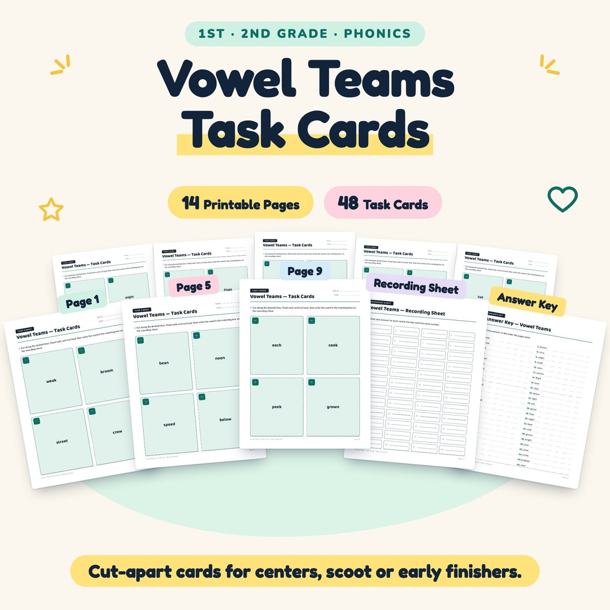 Vowel Teams Task Cards | 1st–2nd Grade Phonics (48 Cards) — cover