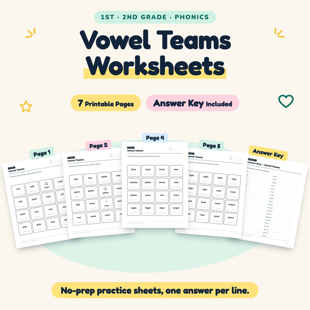 7 Vowel Teams Worksheets — cover