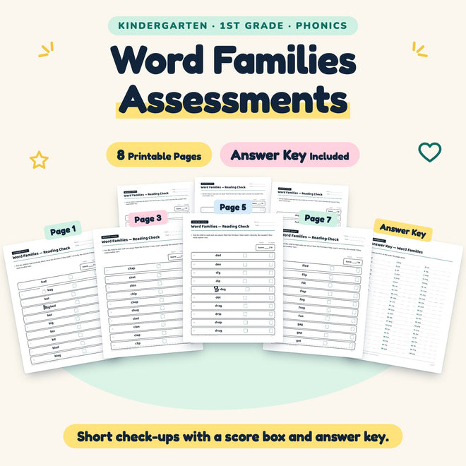 Word Families Assessments | K–1st Grade Phonics (7 Pages) — cover