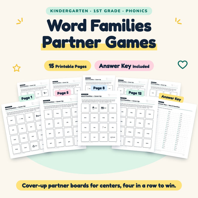 Word Families Partner Games | K–1st Grade Phonics (9 Pages) — cover