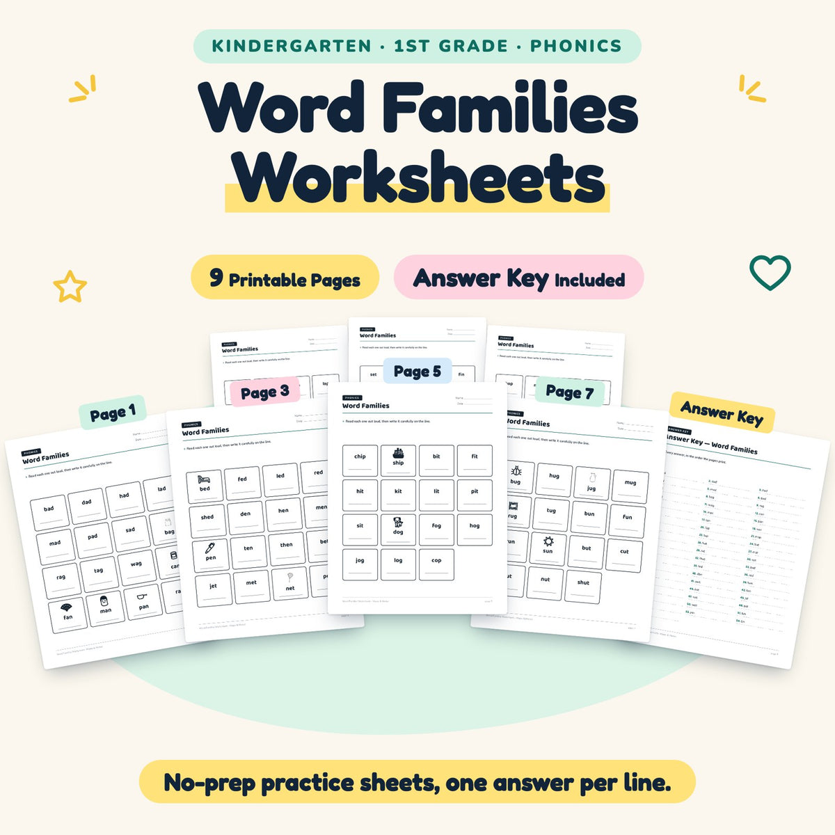 9 Word Families Worksheets — cover