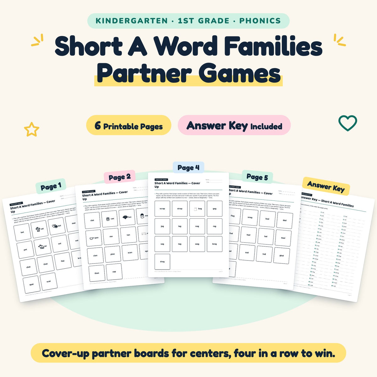 Short A Word Families Partner Games | K–1st Grade (3 Pages) — cover
