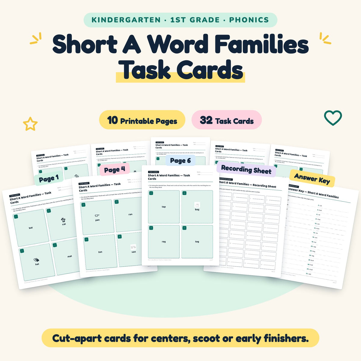 32 Short A Word Families Task Cards — cover