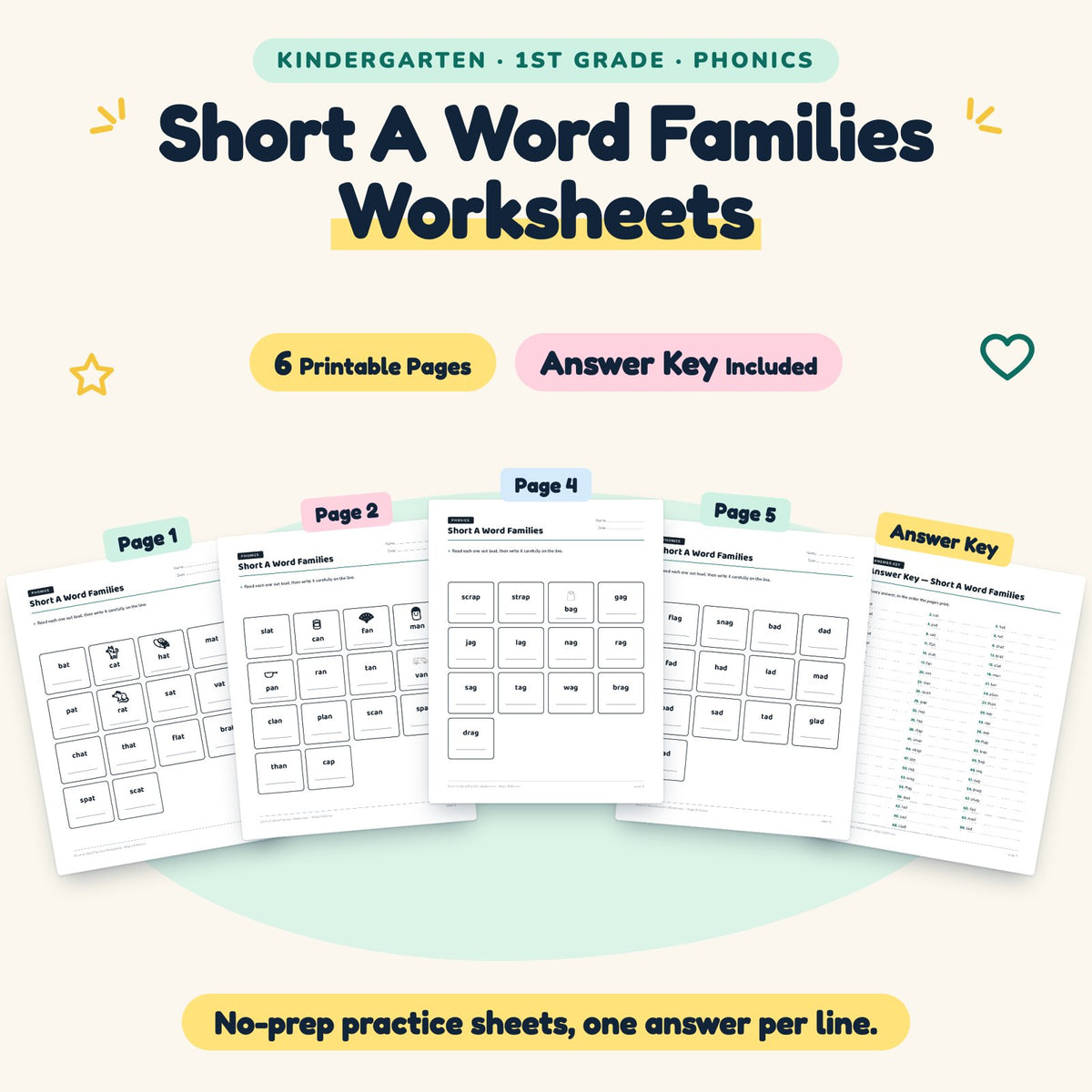 Short A Word Families Worksheets | K–1st Grade (3 Pages) — cover