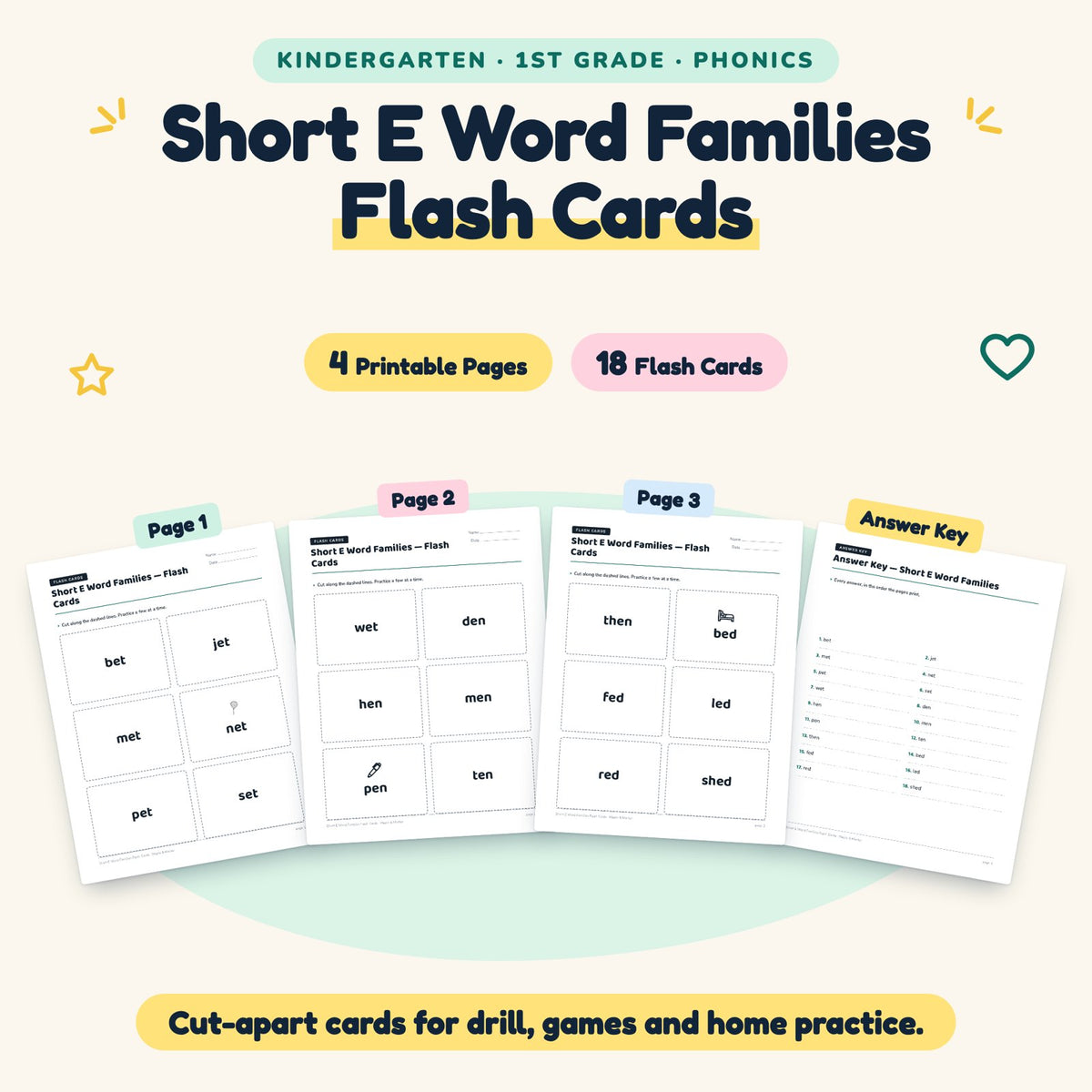 18 Short E Word Families Flash Cards — cover