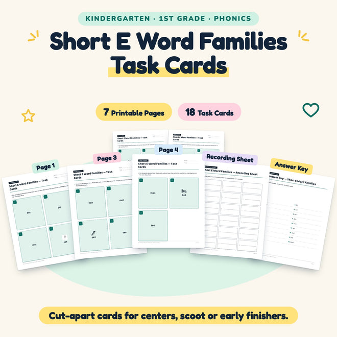 18 Short E Word Families Task Cards — cover
