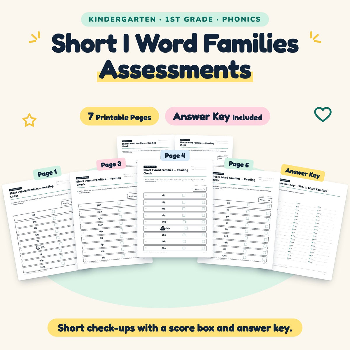 Short I Word Families Assessments | K–1st Grade (4 Pages) — cover