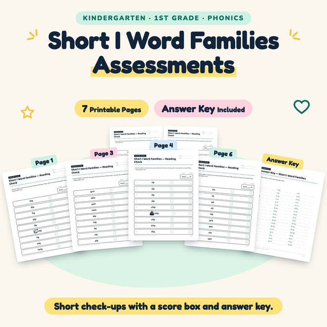 Short I Word Families Assessments | K–1st Grade (4 Pages) — cover