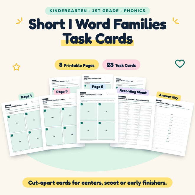 23 Short I Word Families Task Cards — cover