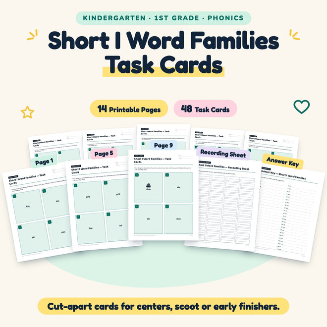 Short I Word Families Task Cards | K–1st Grade (23 Cards) — cover