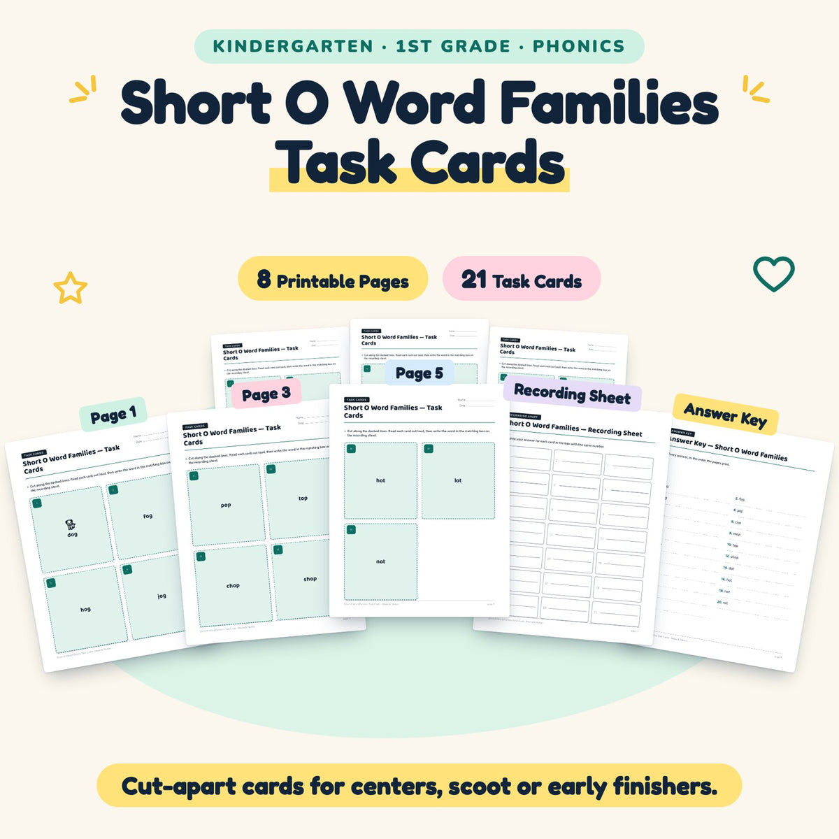 21 Short O Word Families Task Cards — cover