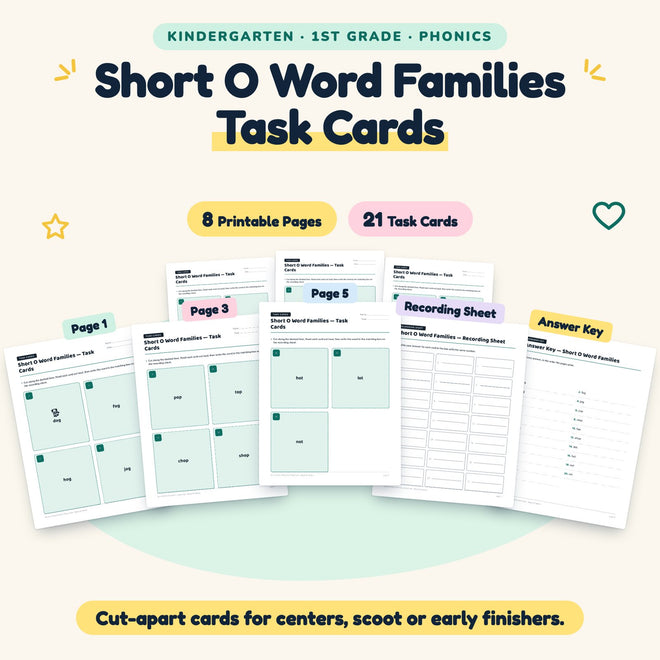 21 Short O Word Families Task Cards — cover