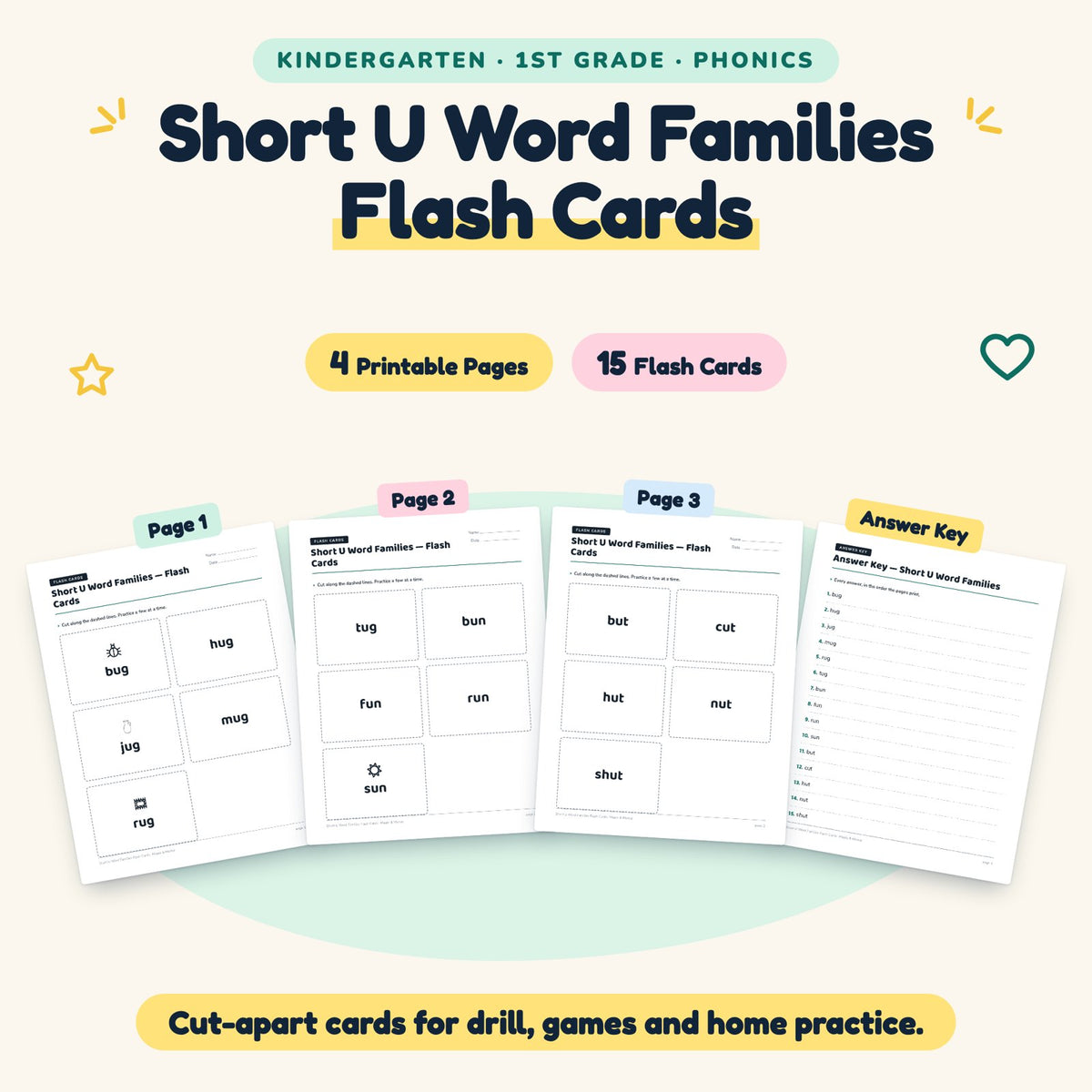 15 Short U Word Families Flash Cards — cover