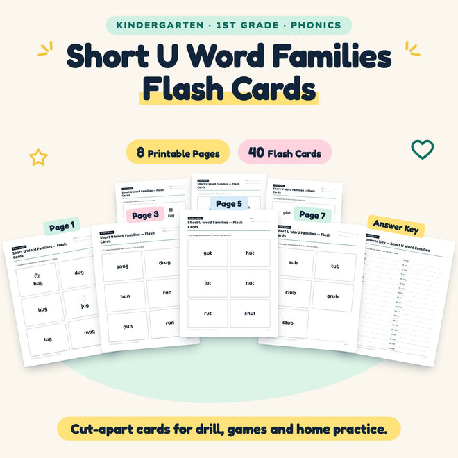 Short U Word Families Flash Cards | K–1st Grade (15 Cards) — cover