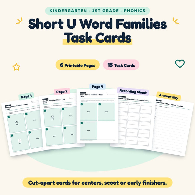 15 Short U Word Families Task Cards — cover