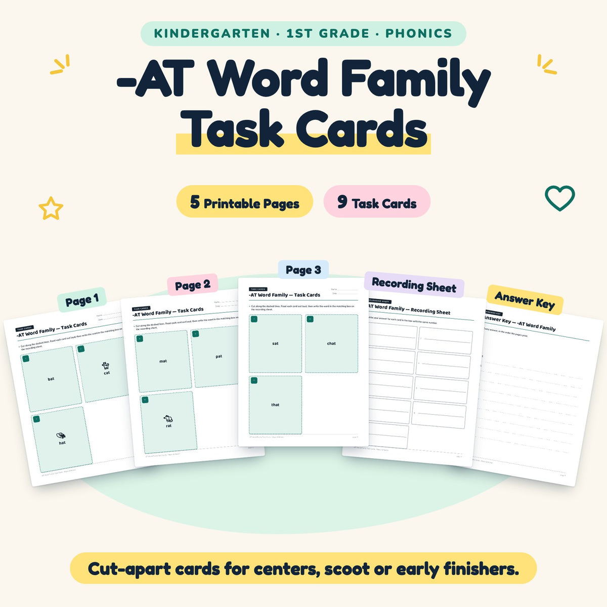 9 -AT Word Family Task Cards — cover