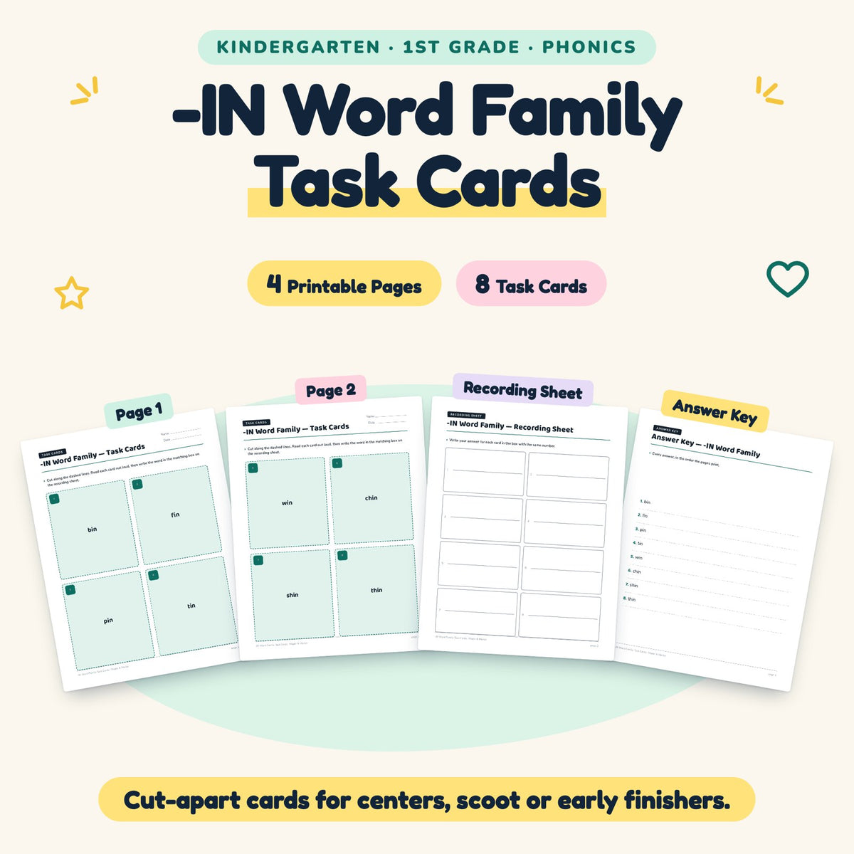 8 -IN Word Family Task Cards — cover