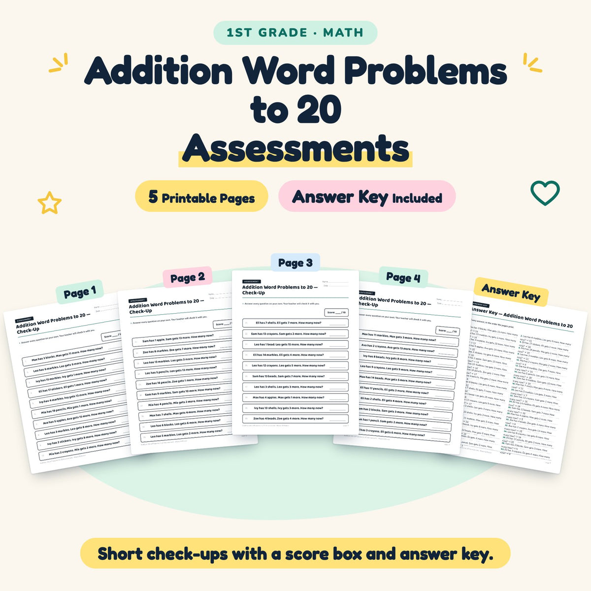 5 Addition Word Problems to 20 Assessments — cover