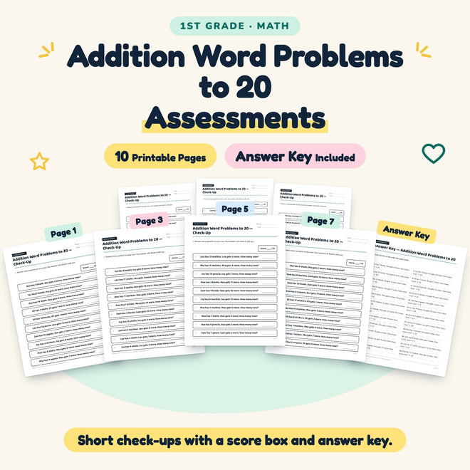 Addition Word Problems to 20 Assessments | 1st Grade Math — cover