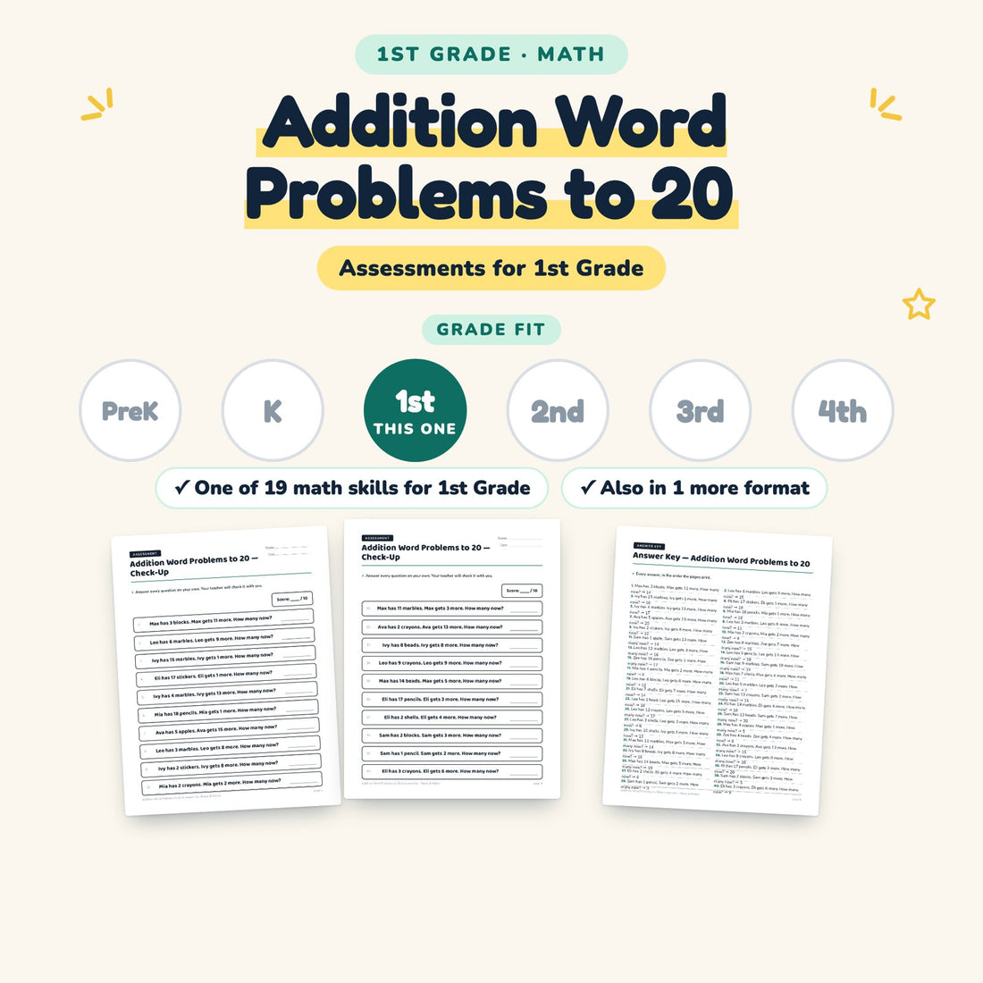 Addition Word Problems to 20: skill and grade fit
