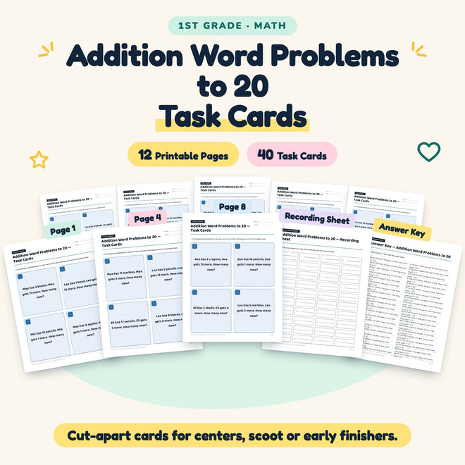 40 Addition Word Problems to 20 Task Cards — cover