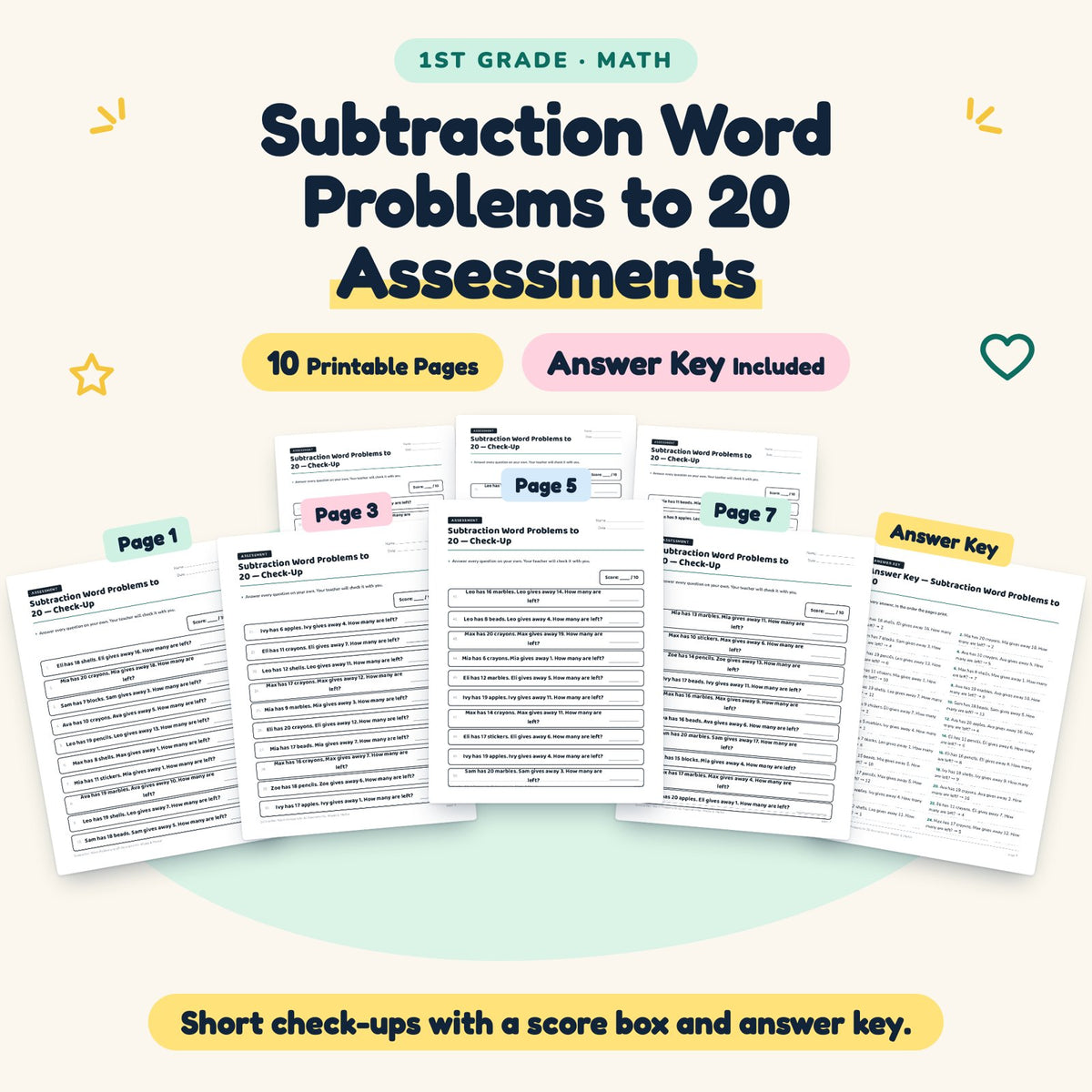 Subtraction Word Problems to 20 Assessments | 1st Grade Math — cover