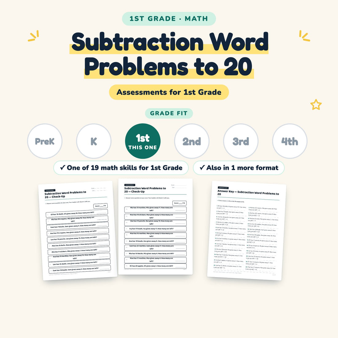 Subtraction Word Problems to 20: skill and grade fit