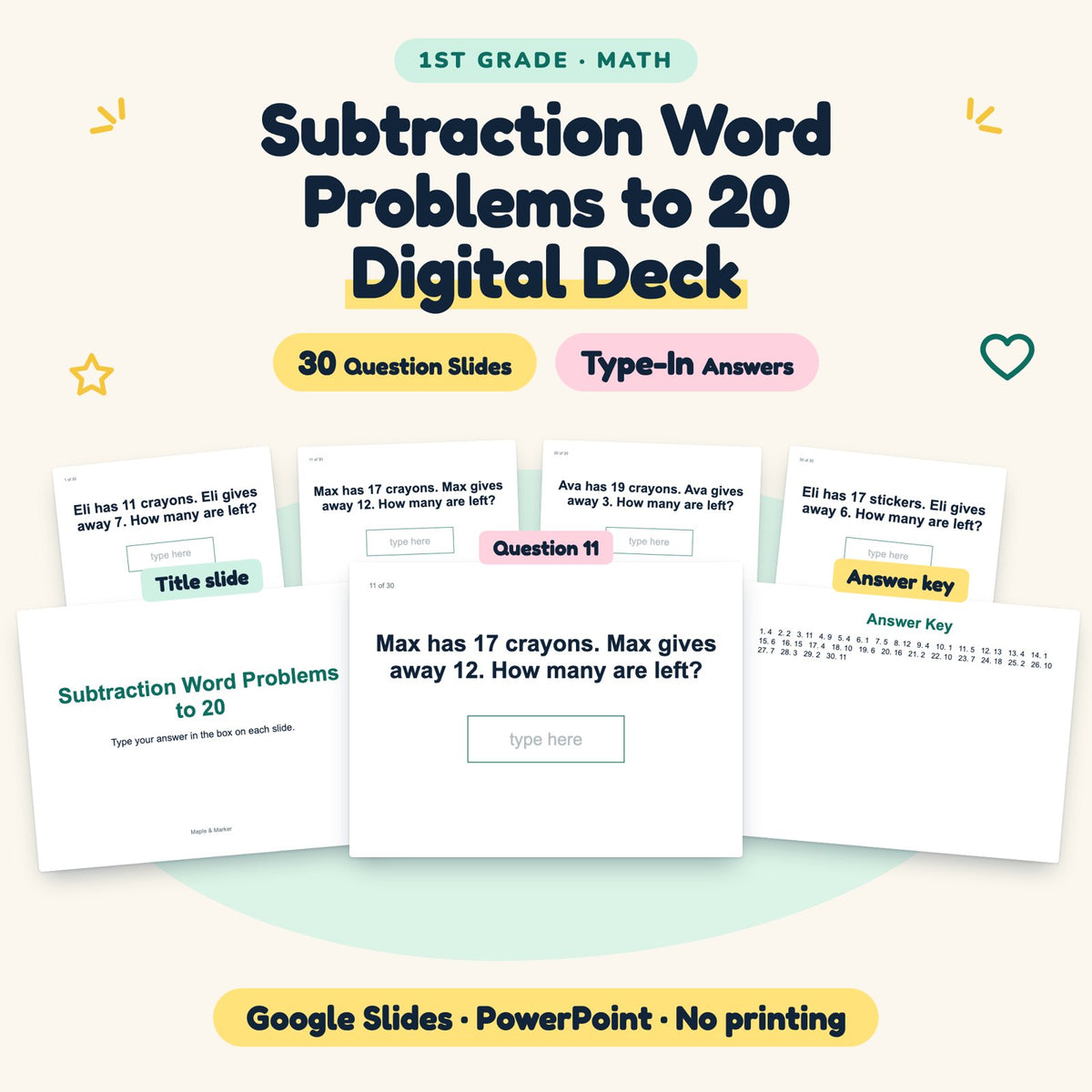 30 Question Subtraction Word Problems to 20 Digital Deck — cover
