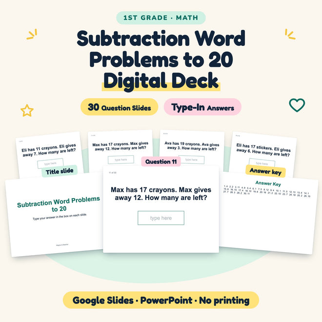 30 Question Subtraction Word Problems to 20 Digital Deck — cover