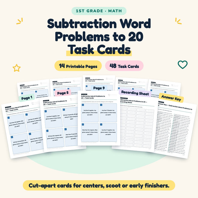 Subtraction Word Problems to 20 Task Cards | 1st Grade Math — cover