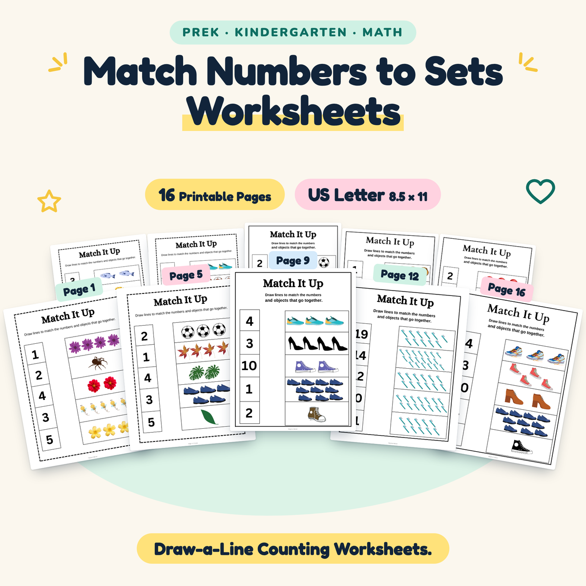 Match Numbers to Sets — Draw-a-Line Counting Worksheets, PreK–K — cover
