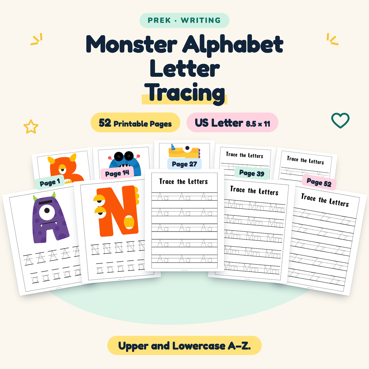 Monster Alphabet Letter Tracing — Upper and Lowercase A–Z, PreK — cover