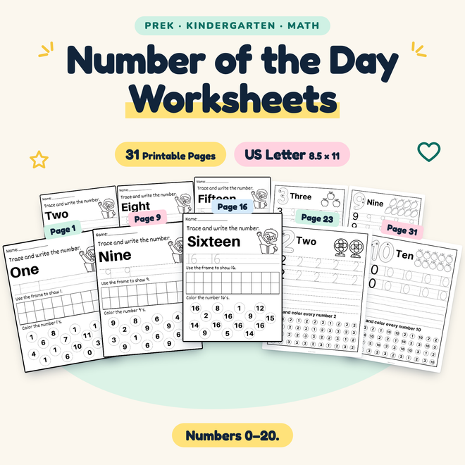 Number of the Day Worksheets — Numbers 0–20, PreK–K — cover