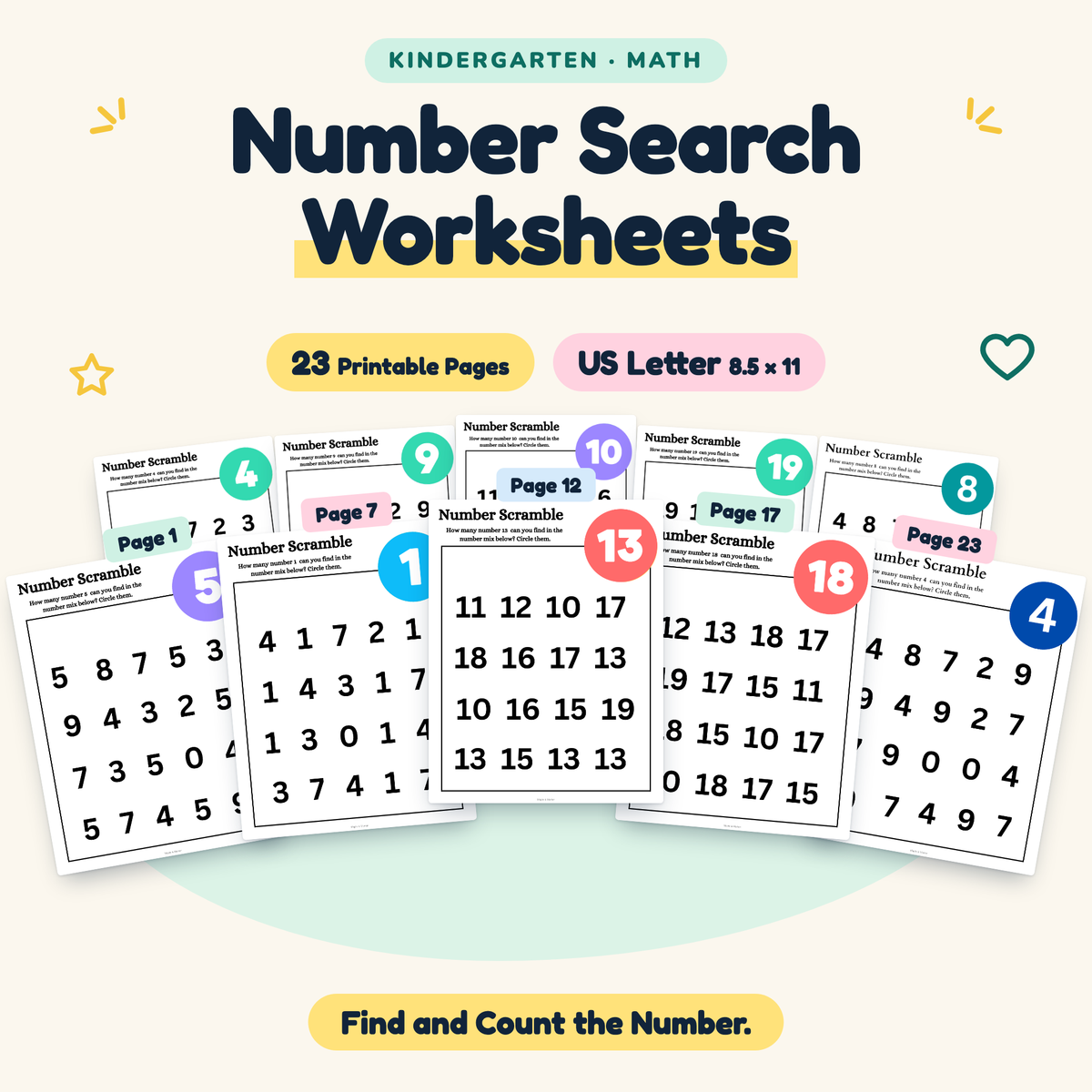 Number Search Worksheets — Find and Count the Number, K — cover