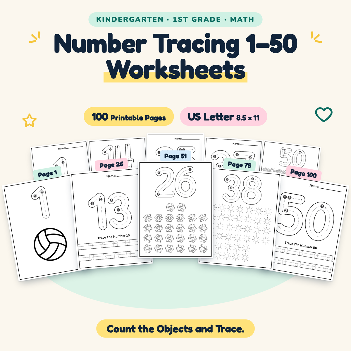 Number Tracing 1–50 — Count the Objects and Trace, K–1 — cover