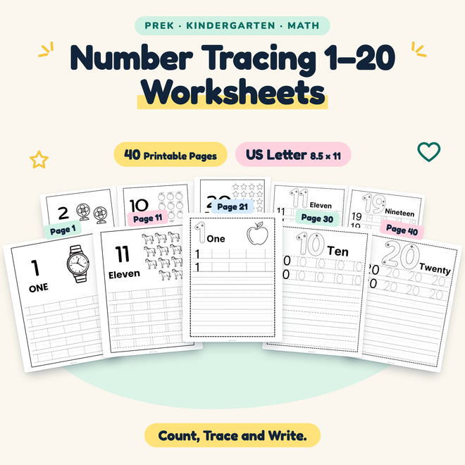 Number Tracing 1–20 — Count, Trace and Write, PreK–K — cover