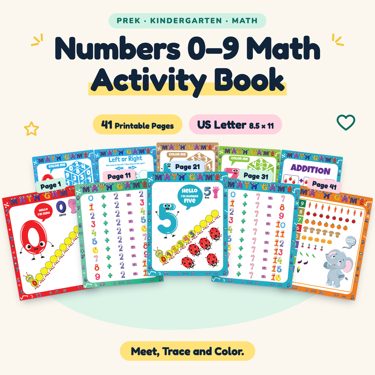 Numbers 0–9 Math Activity Book — Meet, Trace and Color, PreK–K — cover