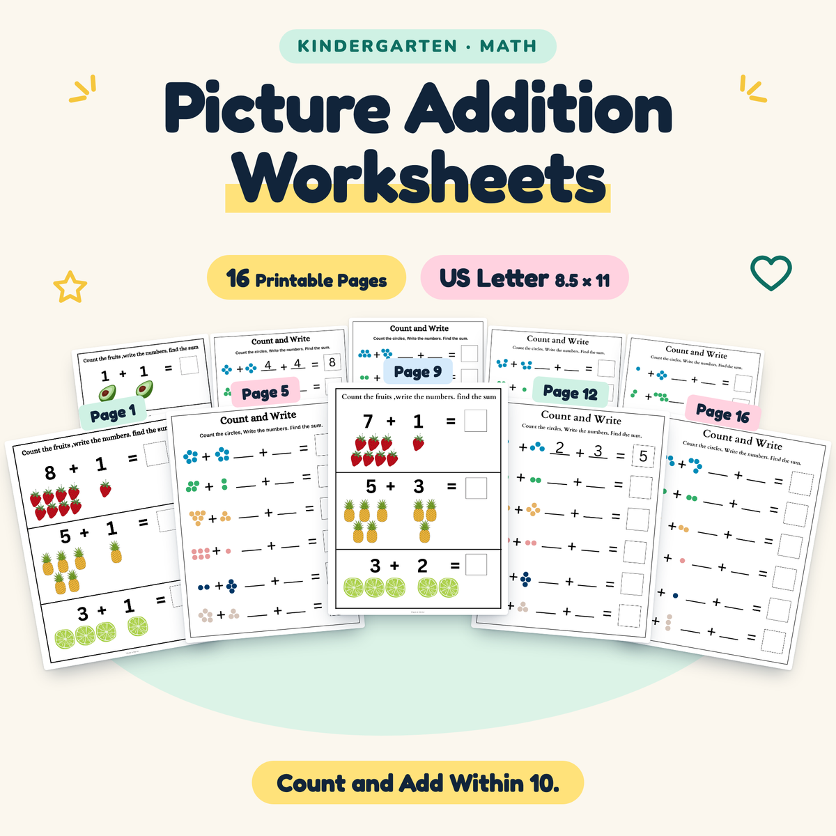 Picture Addition Worksheets — Count and Add Within 10, Kindergarten — cover