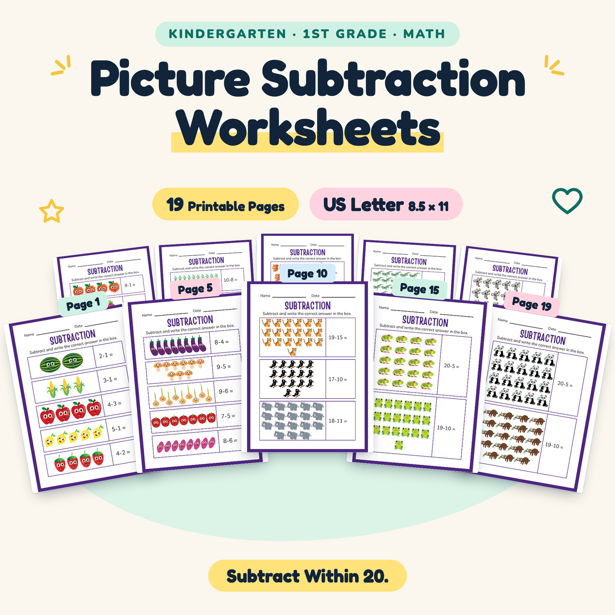 Picture Subtraction Worksheets — Subtract Within 20, K–1 — cover