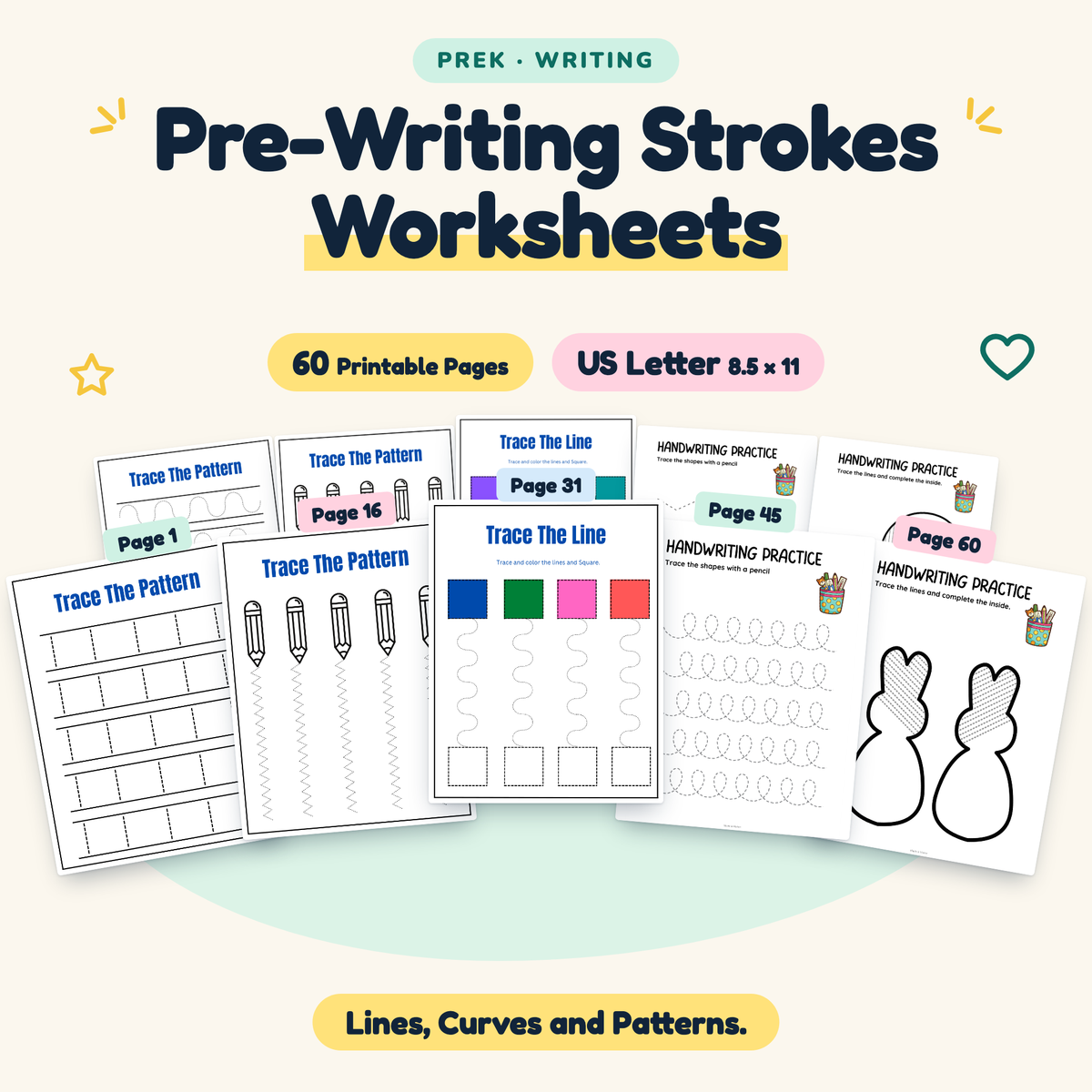 Pre-Writing Strokes Worksheets — Lines, Curves and Patterns, PreK — cover